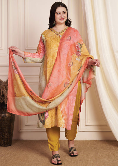Multi Colour Linen Cotton Straight Cut Suit