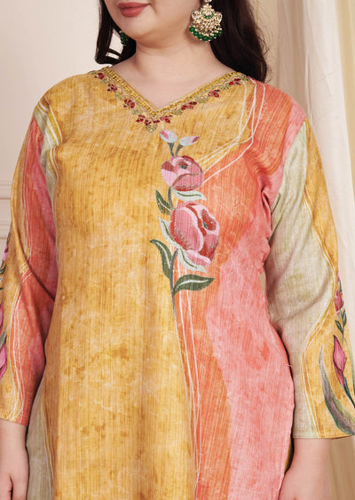 Multi Colour Linen Cotton Straight Cut Suit