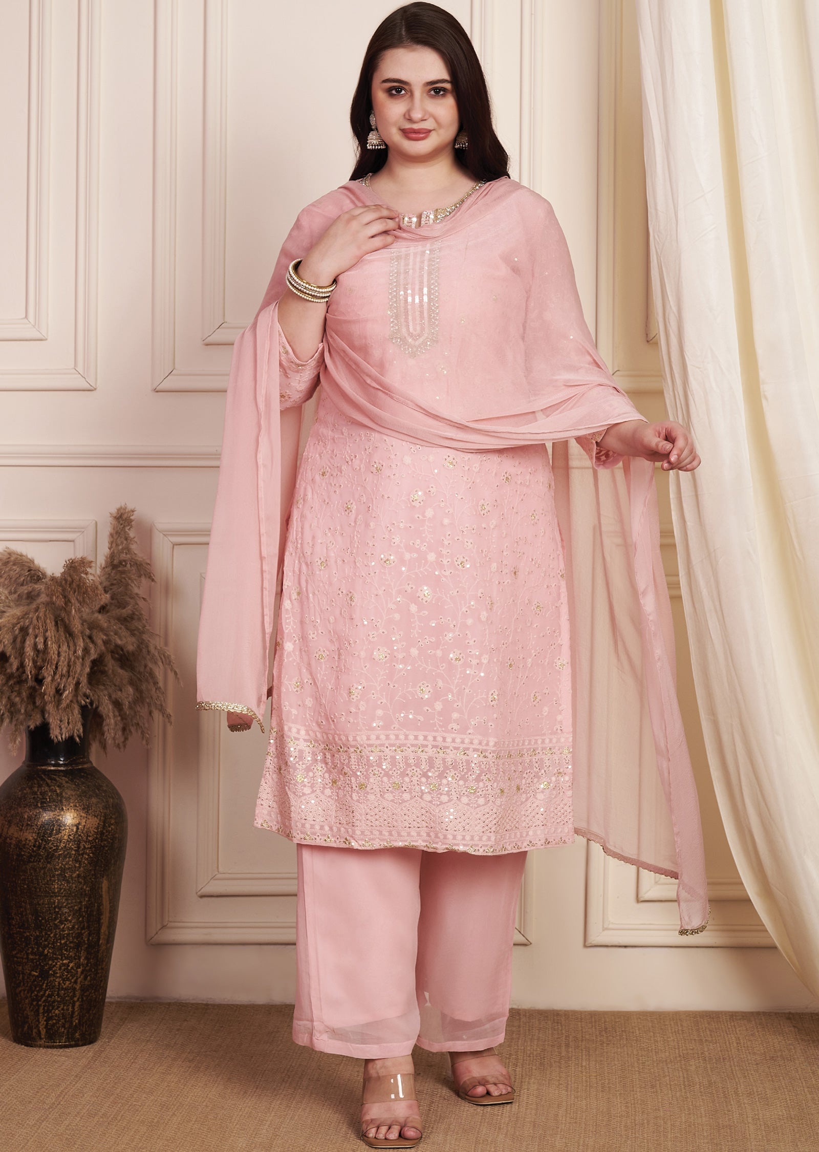 Dark Peach Georgette Straight Cut Suit