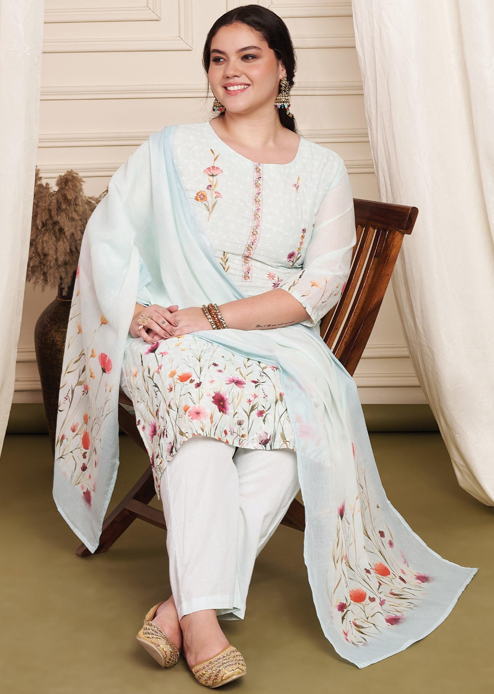 Light Sea Green Schiffli Cotton Straight Cut Suit