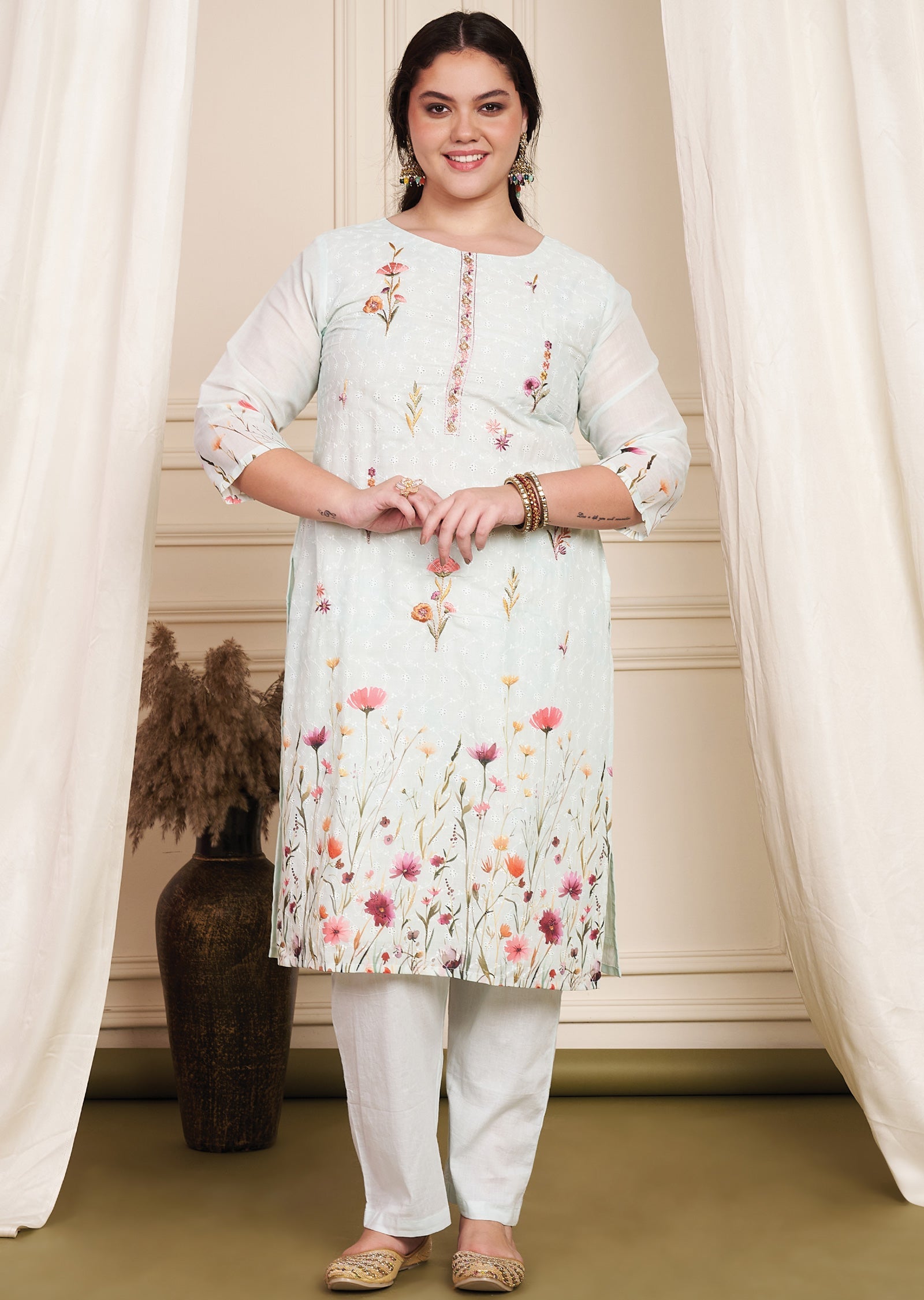 Light Sea Green Schiffli Cotton Straight Cut Suit