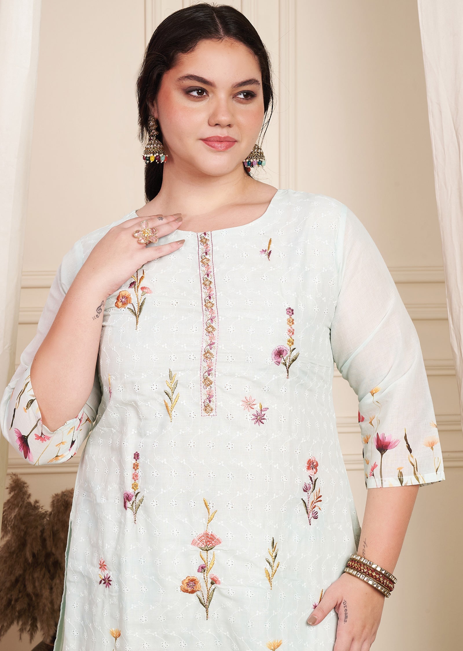 Light Sea Green Schiffli Cotton Straight Cut Suit