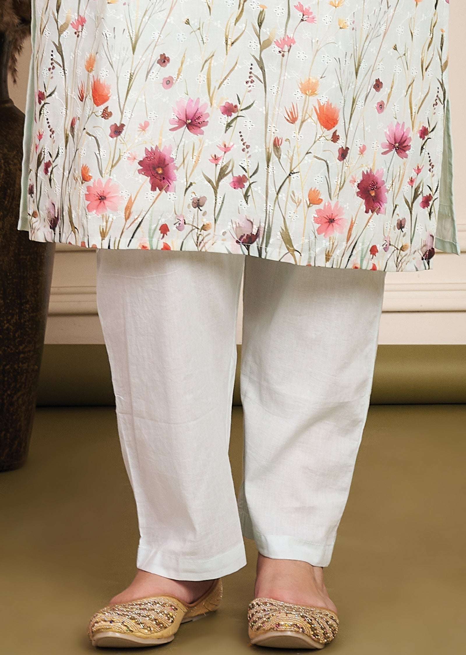 Light Sea Green Schiffli Cotton Straight Cut Suit