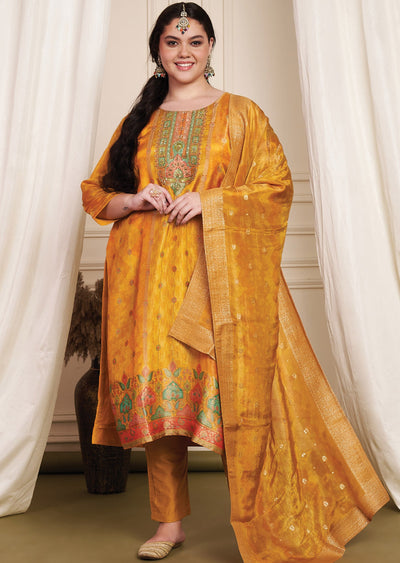 Orange Banaras Silk Straight Cut Suit