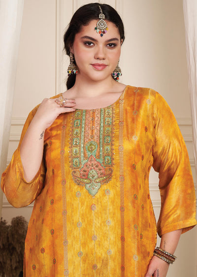 Orange Banaras Silk Straight Cut Suit