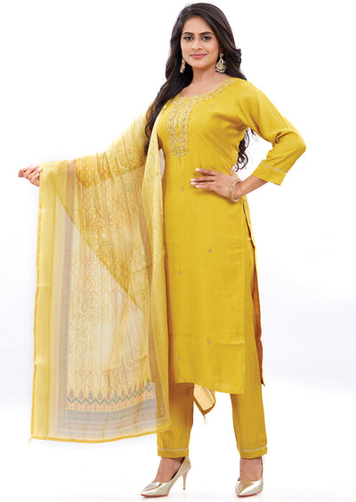 Mustard Soft Silk Kurti with Zardosi & Sequence Work