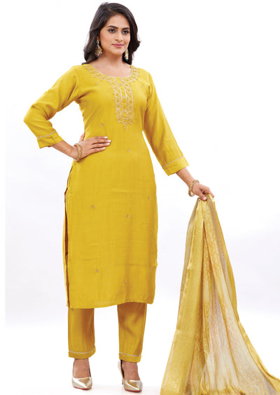 Mustard Soft Silk Kurti with Zardosi & Sequence Work