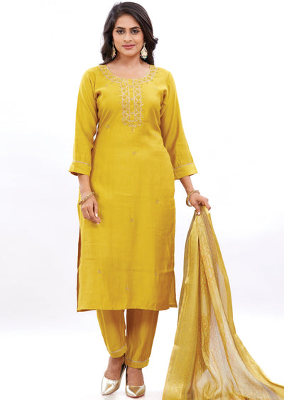 Mustard Soft Silk Kurti with Zardosi & Sequence Work