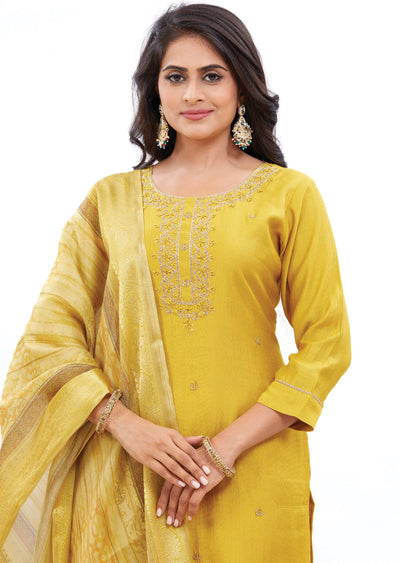 Mustard Soft Silk Kurti with Zardosi & Sequence Work
