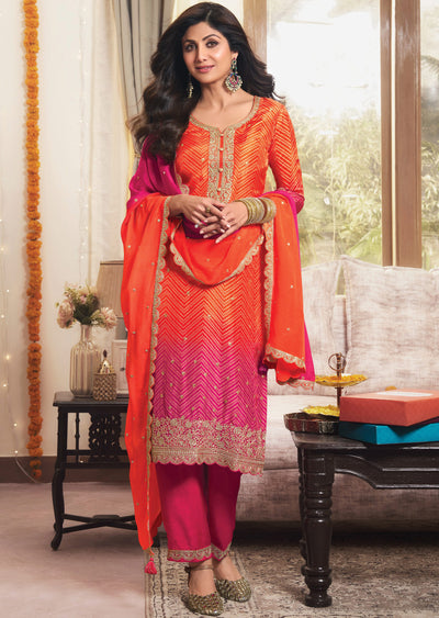 Orange & Rani Pink Silk Straight Cut Suit
