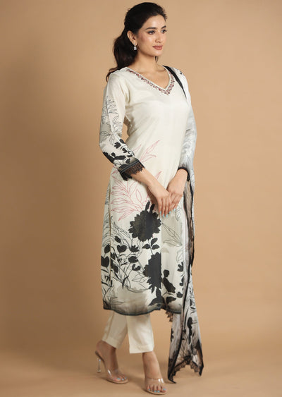 Off White & Black Modal Straight Cut Suits