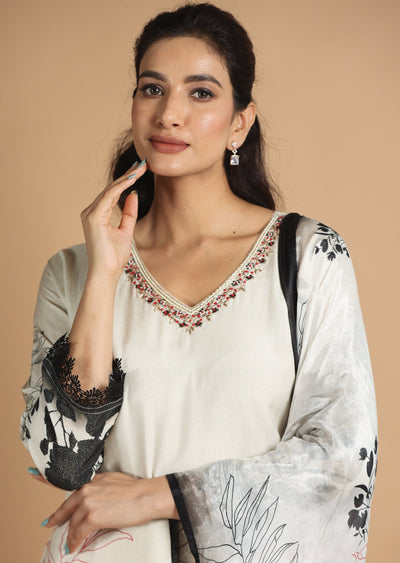 Off White & Black Modal Straight Cut Suits