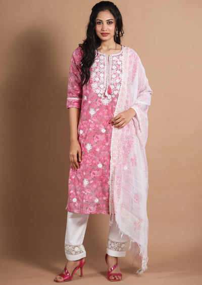 Pink Cotton Straight Cut Suit
