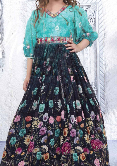 Sea Green & Navy Blue Chinnon Printed Kids Gown