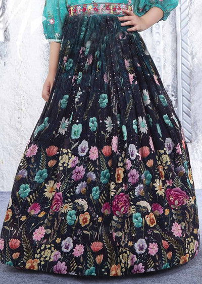 Sea Green & Navy Blue Chinnon Printed Kids Gown