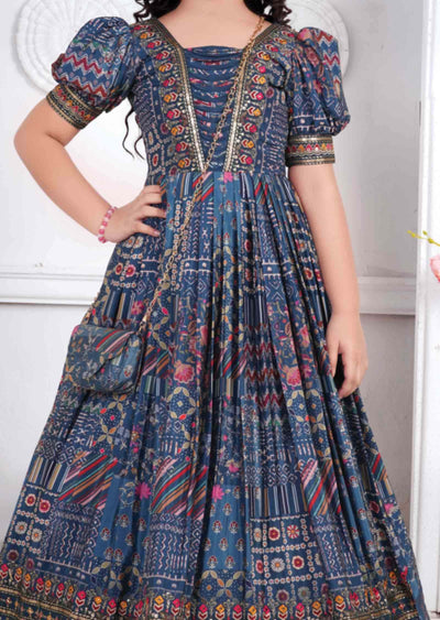 Dark Grey Muslin Embroidered Kids Gown