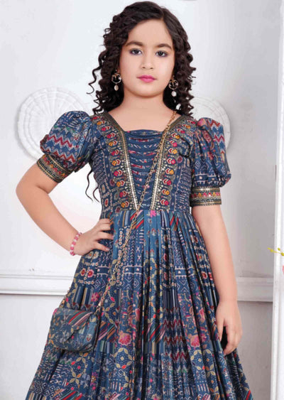 Dark Grey Muslin Embroidered Kids Gown