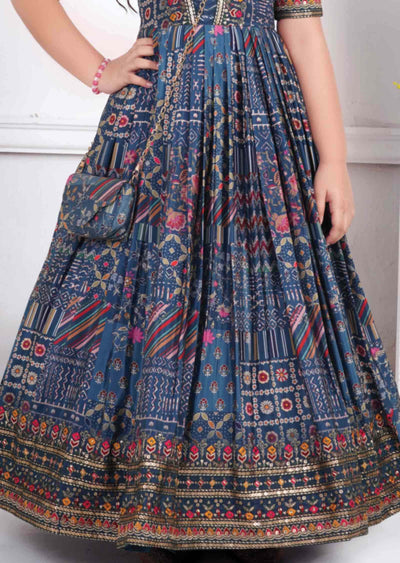 Dark Grey Muslin Embroidered Kids Gown