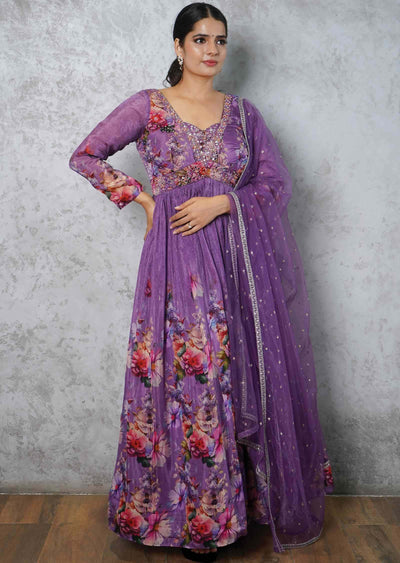 Purple Soft Organza Embroidered Alia cut Anarkali