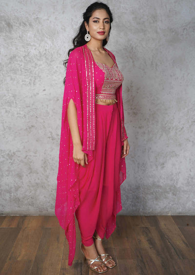 Pink Georgette Embroidered Fusion/Indo-Western Set