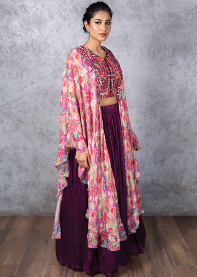 Purple Chinnon Embroidered Fusion/Indo-Western Set