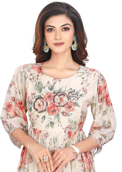 Cream Muslin Zardosi & Embroidered Frock Style Kurti