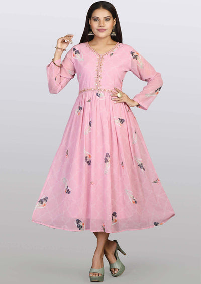 Pink Georgette Sequins Frock Style Kurti