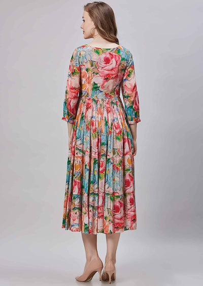 Peach Crepe Embroidered Frock Style Kurti