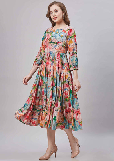 Peach Crepe Embroidered Frock Style Kurti