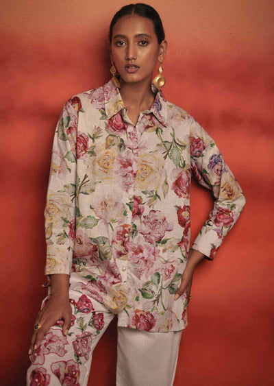 Off White Linen Cotton Printed Co-Ord Set