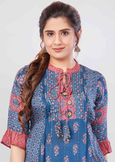 Light Blue Muslin Printed Short Kurti