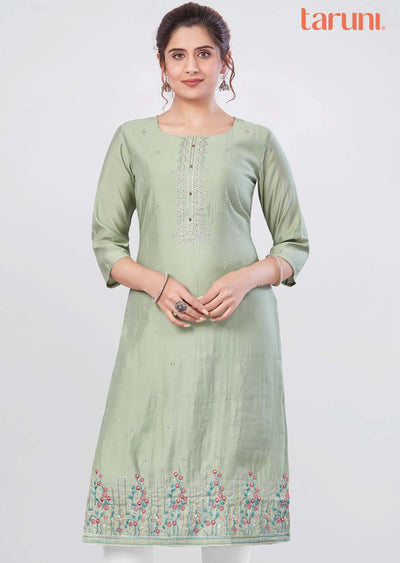 Pista Green Soft Silk Straight Cut Kurti