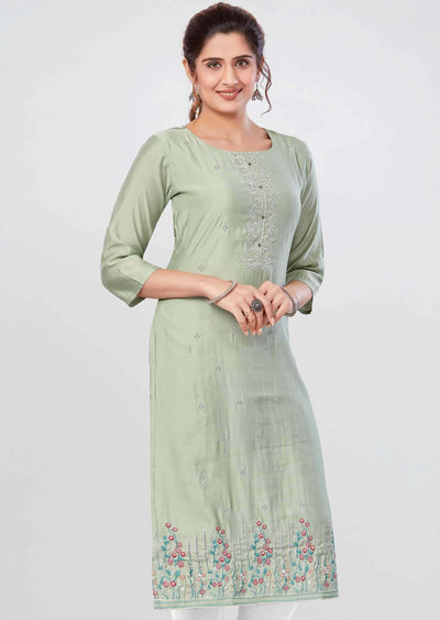 Pista Green Soft Silk Straight Cut Kurti