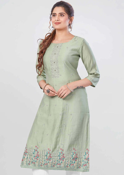 Pista Green Soft Silk Straight Cut Kurti