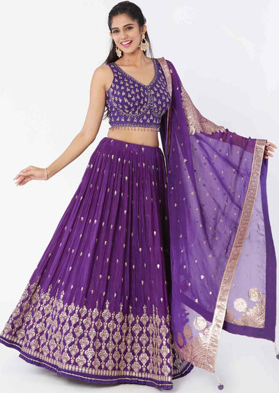 Purple Silk/chinnon Sequins lehenga