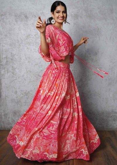 Beige & Pink Crepe Printed Crop Top