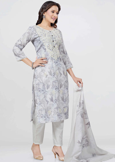Light Grey Linen Cotton Printed Straight cut suits