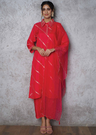 Rani Pink Banaras Zardosi & Embroidered Straight cut suits