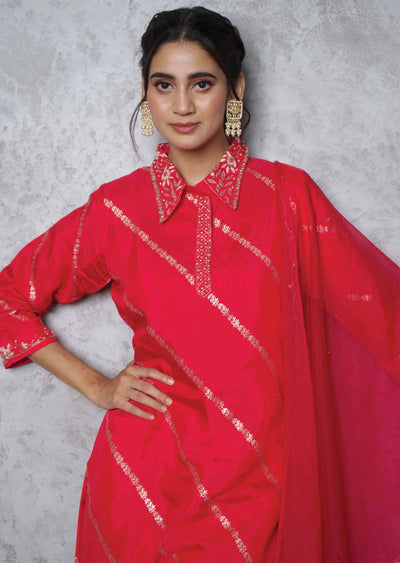 Rani Pink Banaras Zardosi & Embroidered Straight cut suits