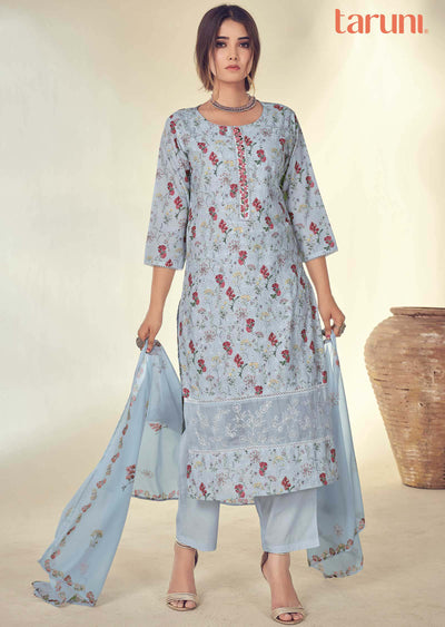 Light Blue Schiffli Cotton Embroidered Straight cut suits