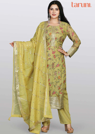 Light Mehandi Green Organza Sequins & Gota work Straight cut suits