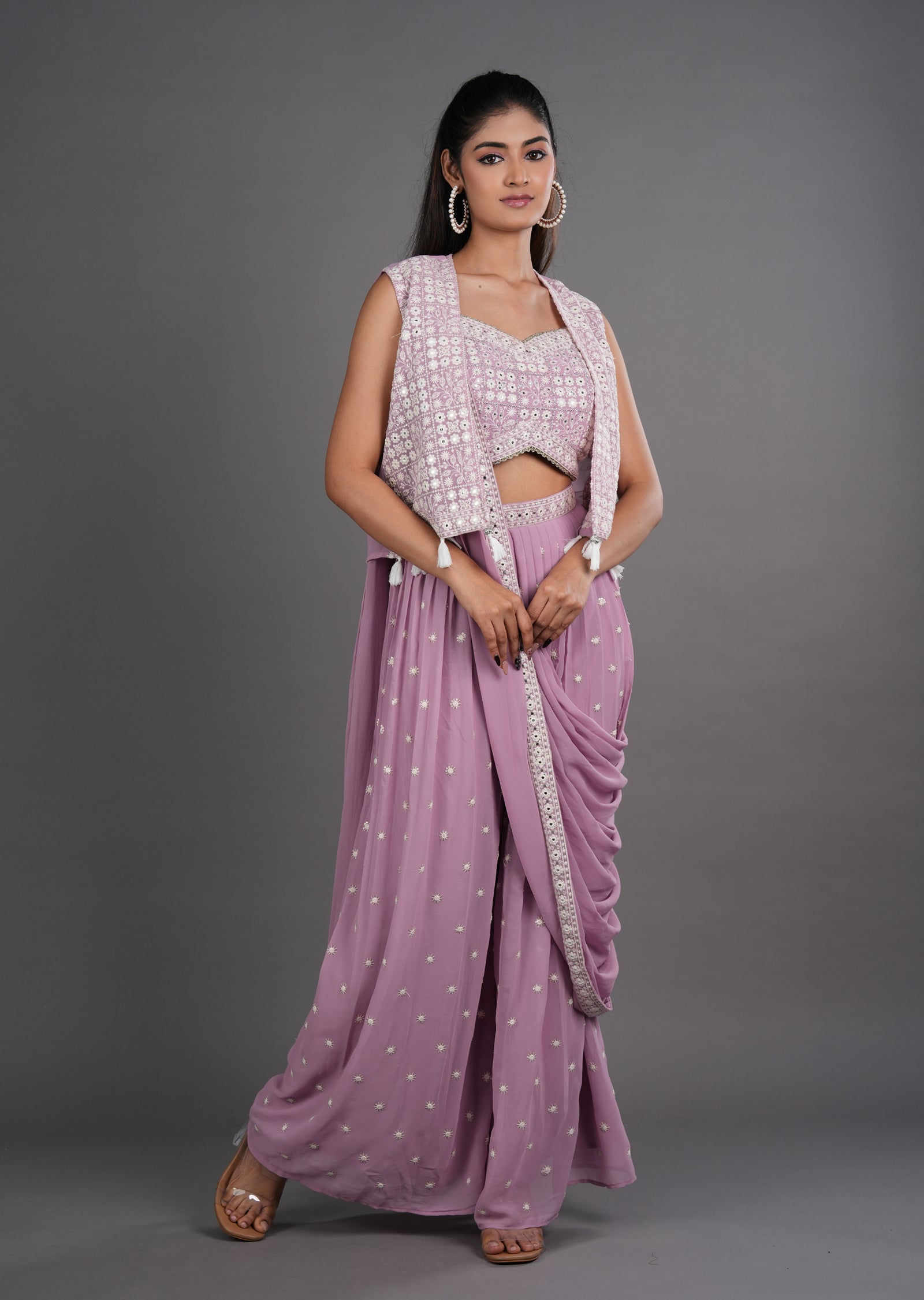 Onion Pink Georgette Draped Saree