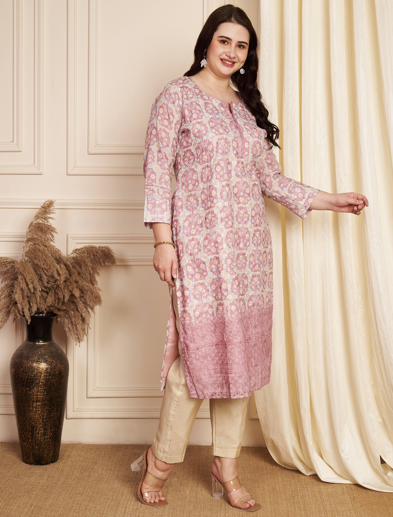 Onion Pink Cotton Straight Cut Kurti