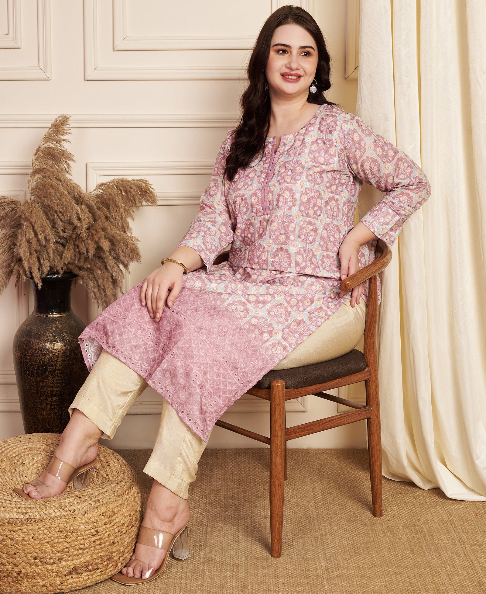 Onion Pink Cotton Straight Cut Kurti
