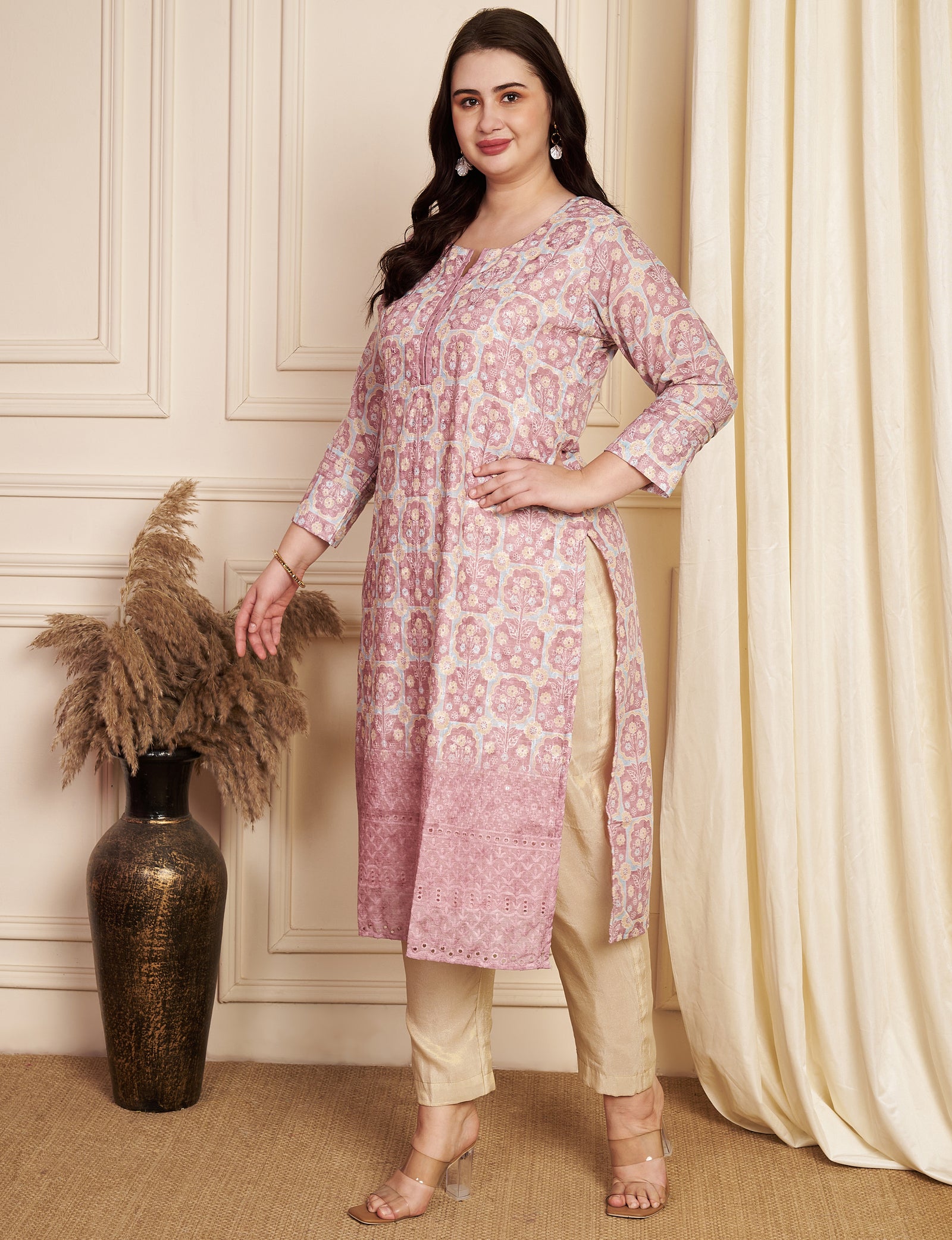 Onion Pink Cotton Straight Cut Kurti
