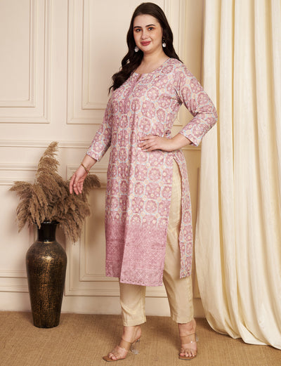Onion Pink Cotton Straight Cut Kurti