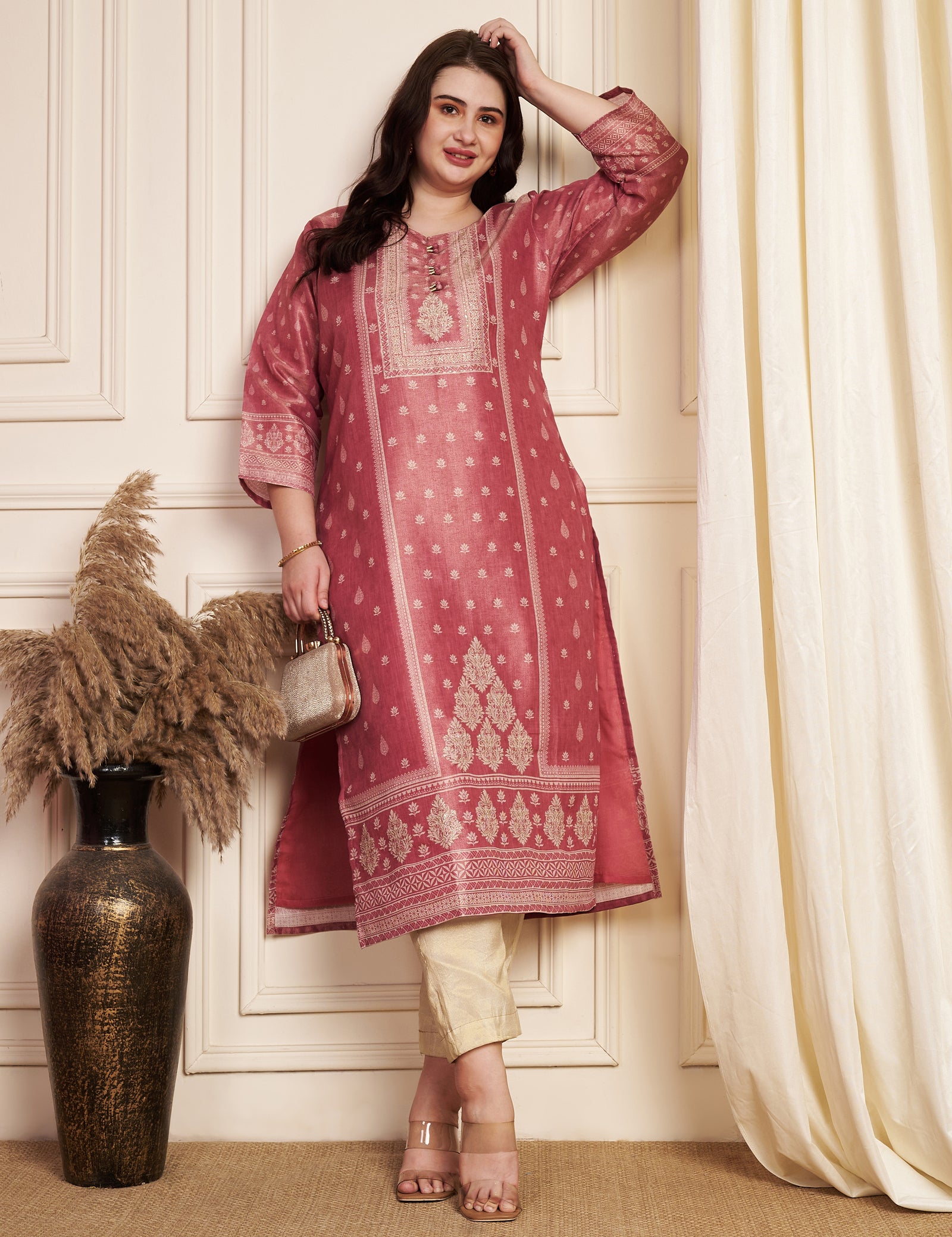 Pink Tissue Straight Cut Kurti