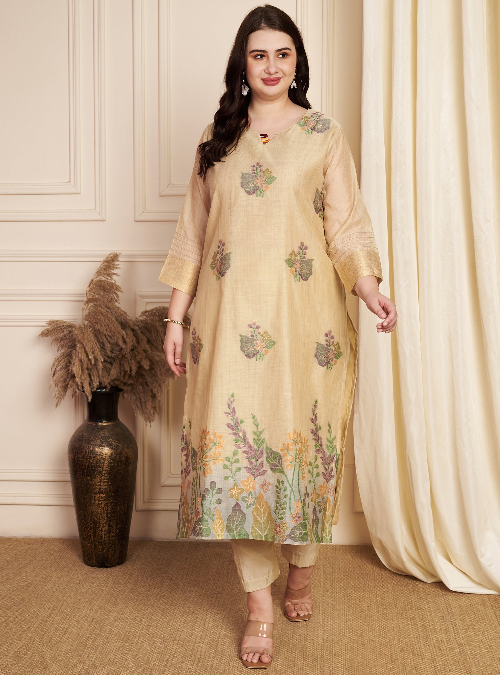 Fawn Chanderi Straight Cut Kurti