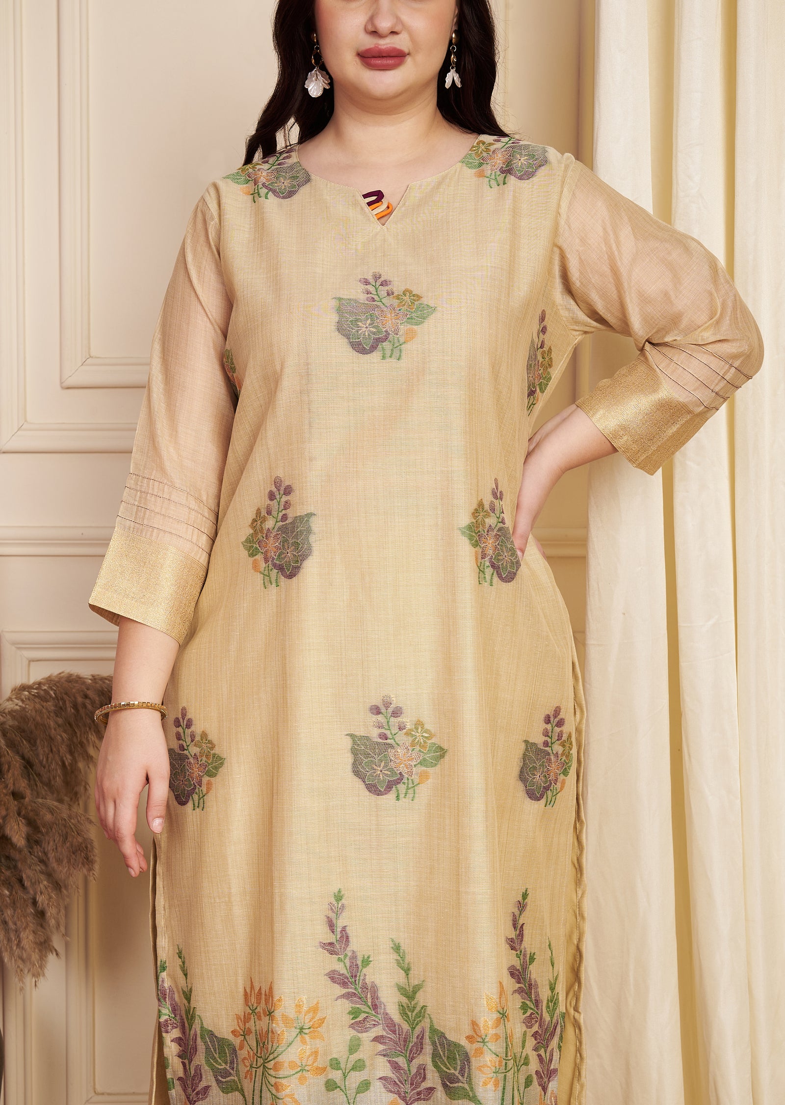 Fawn Chanderi Straight Cut Kurti