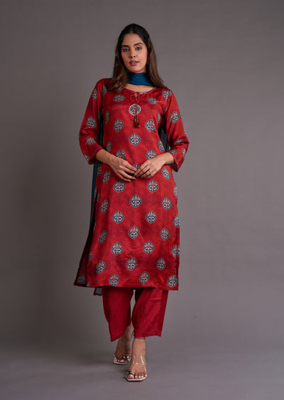 Maroon Muslin Straight Cut Suit